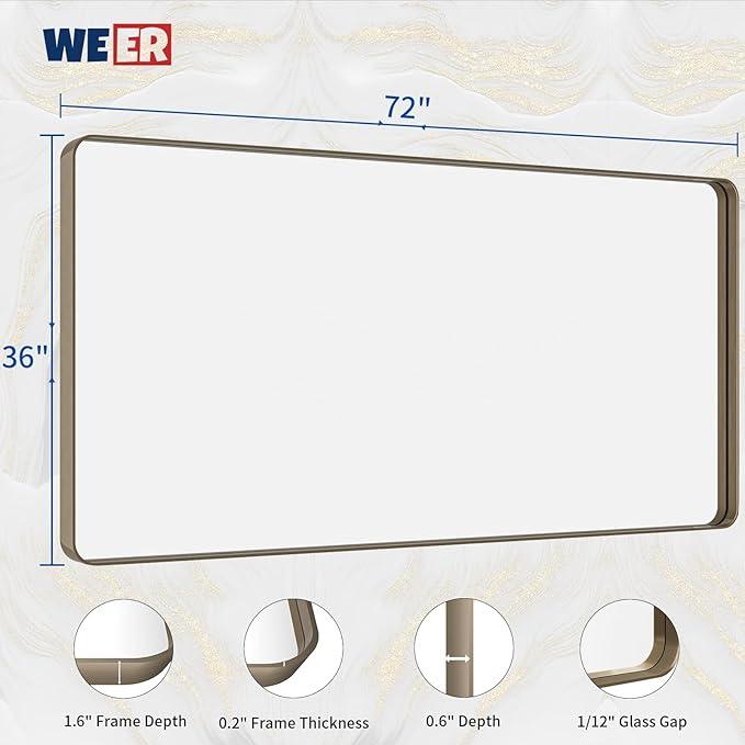 WEER 72x36 Inch Bronze Bathroom Mirror for Vanity, Brushed Bronze Metal Frame Mirror for Wall, Rounded Rectangle Bronze Frame Mirror with Tempered Glass, Anti-Rust (Horizontal/Vertical) - ModernBath