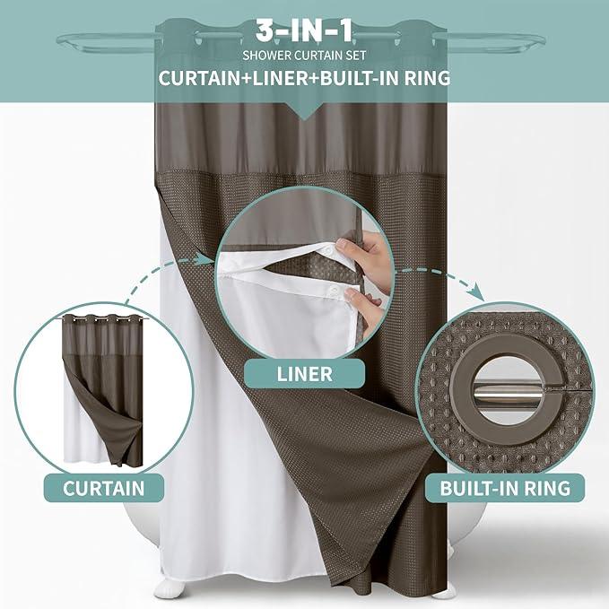 eachope Brown No Hook Waffle Weave Shower Curtain with snap-in Liner Replacement, 230GSM Waterproof Fabric Hotel Shower Curtain Set for Bathroom, Through Mesh Top Window,54Wx80H - ModernBath