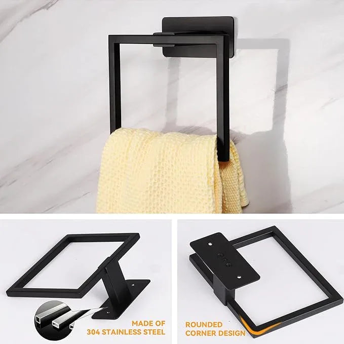 LANC Hand Towel Holder for Bathroom Wall Mount Matte Black Square Self Adhesive Hand Towel Rings for Bathroom Hardware Accessories Kitchen Toilet Stainless Steel Towel Hanger Racks, A8396MB - ModernBath