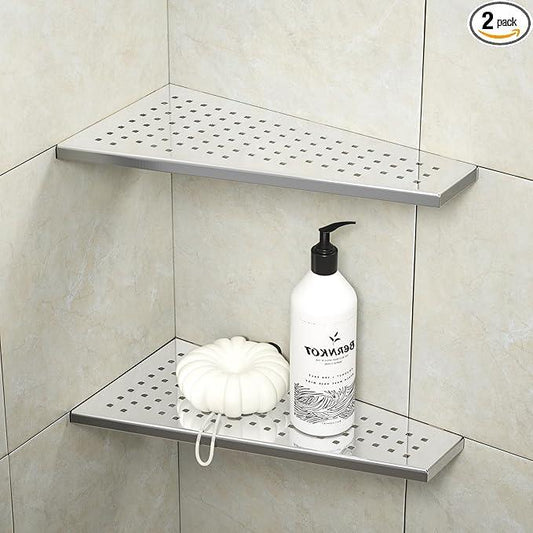 Corner Shower Shelf 12" Polished 304 Stainless Steel Recessed Trapezoid Grout in Shelves with Grid Design Bathroom Shelf Racks for Tiled Wall, 2 Pack - ModernBath