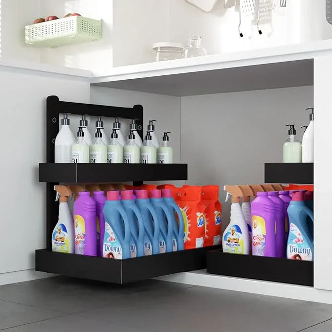 Bamboo Undersink Organizer Storage - 2-Tier Cabinet Shelf with Adjustable Levels, Under Sink Storage Slide Out for Cabinet Pantry Kitchen Bathroom (Black) - ModernBath