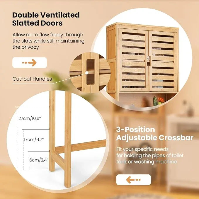 Giantex Over The Toilet Storage Cabinet, 3-Tier Bamboo Bathroom Space Saver with 2 Louver Doors, Open Shelf, Adjustable Bottom Bar, Over Toilet Bathroom Organizer for Laundry, Balcony, Restroom - ModernBath