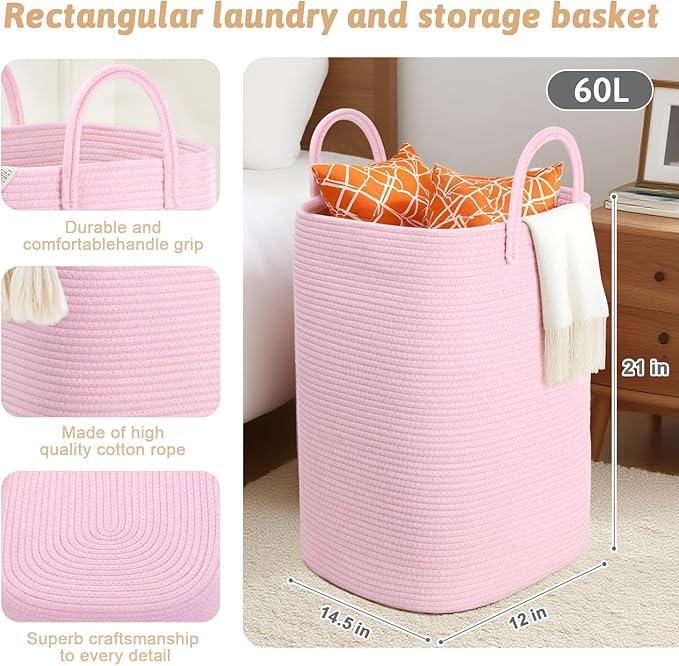 Laundry Basket,Woven Cotton Rope Laundry Hamper,60L Versatile Storage for Dirty Clothes,Baby Toys,and Blankets in Bathroom, Nursery,and Living Room - ModernBath