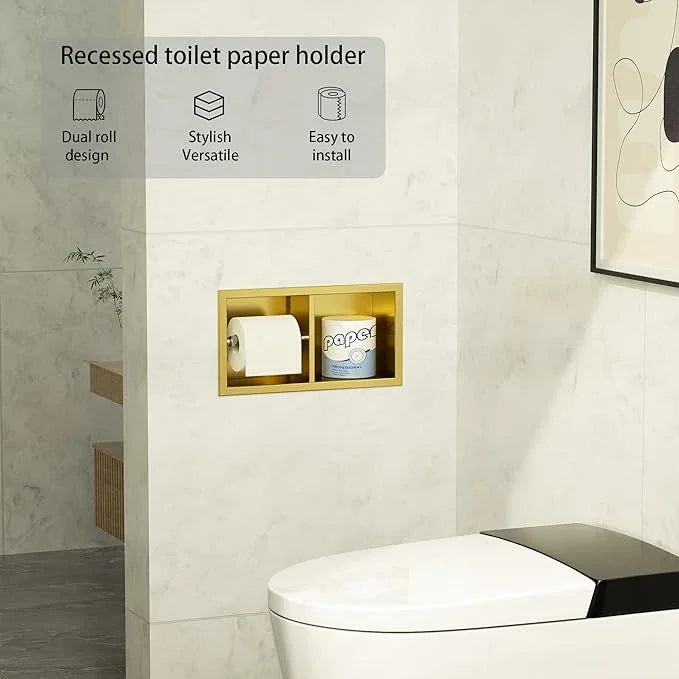 Neodrain Dual Roll Recessed Toilet Paper Holder - 304 Stainless Steel, Hidden in-Wall Design, Simple Loading and Unloading, Space-Saving for Modern Bathrooms（Gold - ModernBath