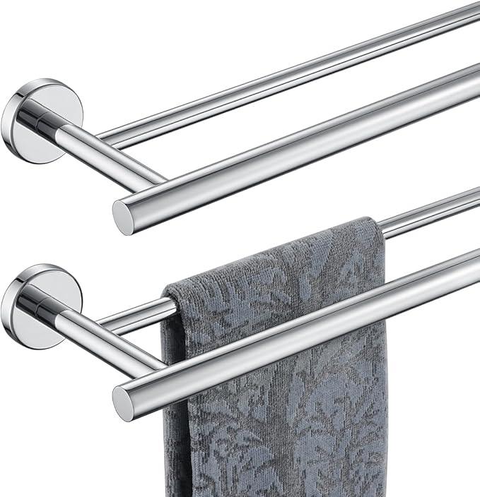JQK Chrome Towel Bar, 27 Inch 304 Stainless Steel Thicken 0.8mm Double Bath Towel Rack for Bathroom, Towel Holder Polished Chrome Wall Mount, Useable Length 24 Inch 2 Pack, TB100L24-CH-P2 - ModernBath
