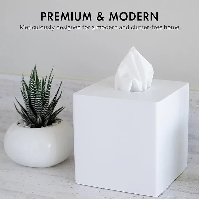 Yew Design Matte White Square Tissue Box Cover, Decorative Tissue Box Dispenser for Bathroom, Parlors, Office, Bedroom Dresser, Vanity Countertop, Nightstand, Car, and Desk - ModernBath