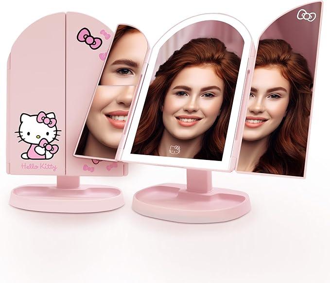 Impressions Vanity Hello Kitty Bow Arch Trifold LED Makeup Mirror for Desk, 3 Way View Foldable Vanity Mirror with Lights, 2X and 3X Magnification, Adjustable Tilt and Soft Touch (Light Pink) - ModernBath