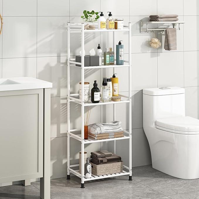 5 Tier Bathroom Storage Open Shelf Unit, Free-Standing Metal Corner Rack Shelving for Kitchen, Living Room, Hallway (White, Wider 5 Tier) - ModernBath