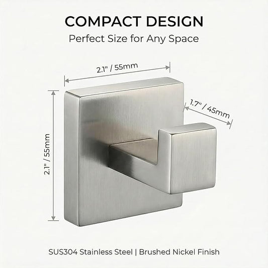 Hiuqixe Brushed Nickel Hand Towel Hook 2-Pack, Geometric Series - Stainless Steel Towel Hooks for Bathrooms, Modern Wall Mount Bath Towel Holder with Industrial SUS304 Core