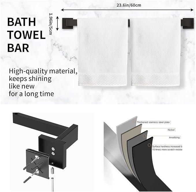 10-Pieces Matte Black Bathroom Accessories Set, 23.6 Inch Bath Towel Bar Set, SUS 304 Stainless Steel Bathroom Hardware Set, Towel Racks for Bathroom Wall Mounted. - ModernBath