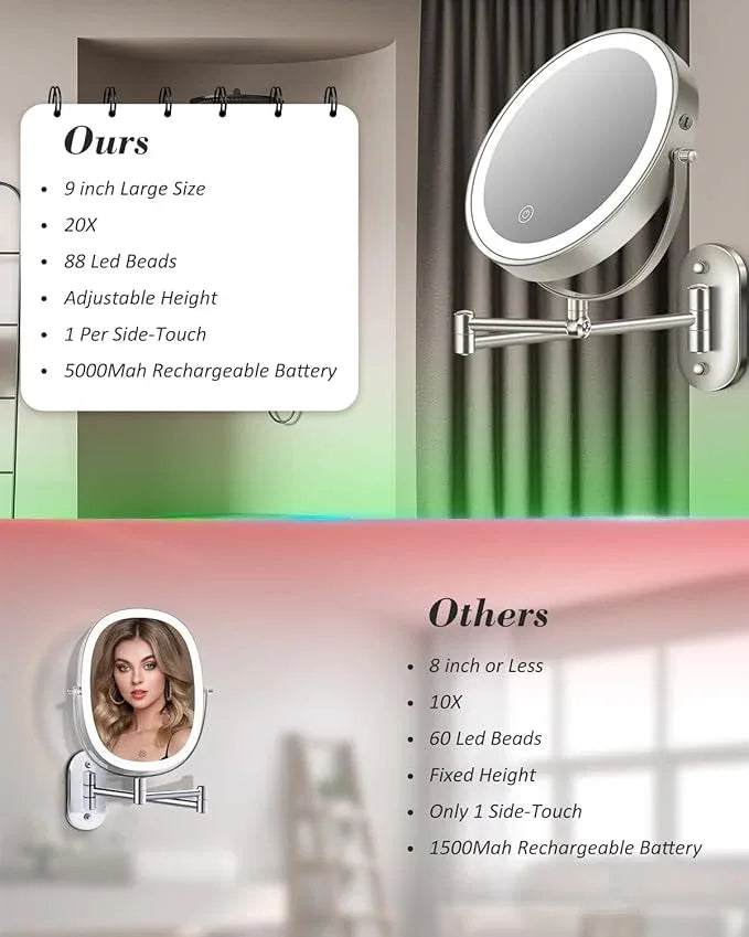 vpu 9" Wall Mounted Makeup Mirror with Light, 20X/1X Height Adjustable Double Sided Magnifying Bathroom Lighted Mirror, 3 Color Touch Dimmable Extended Arm 360 Rotation Light up Magnification Mirrors - ModernBath