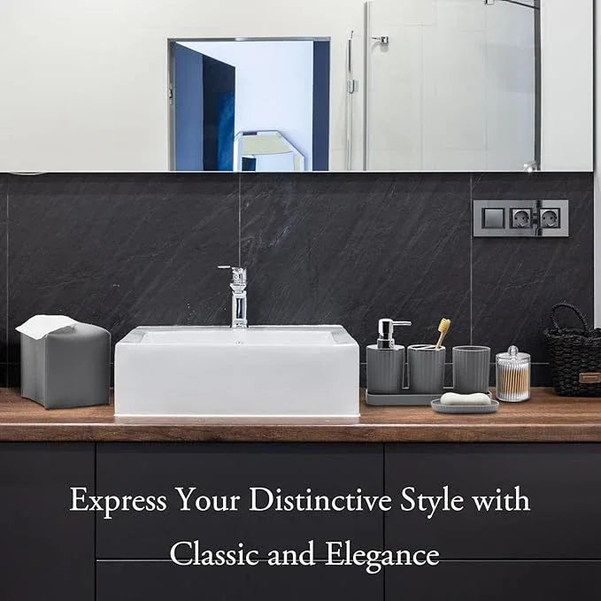 Bathroom Accessory Set - 10 Piece Grey Bathroom Accessories Set with Trash Can, Toothbrush Holder and Cup, Soap Dispenser, Soap Dish, Toilet Brush Holder, Vanity Tray, Qtip Holder, Tissue Box Cover - ModernBath