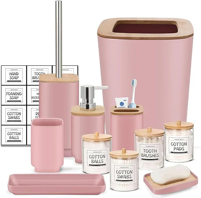 IMAVO Bathroom Accessories Set,Pink Bathroom Set,11 Pieces Bathroom Accessory Set,Trash Can for Bathroom Accessories Décor and Housewarming Gifts - ModernBath