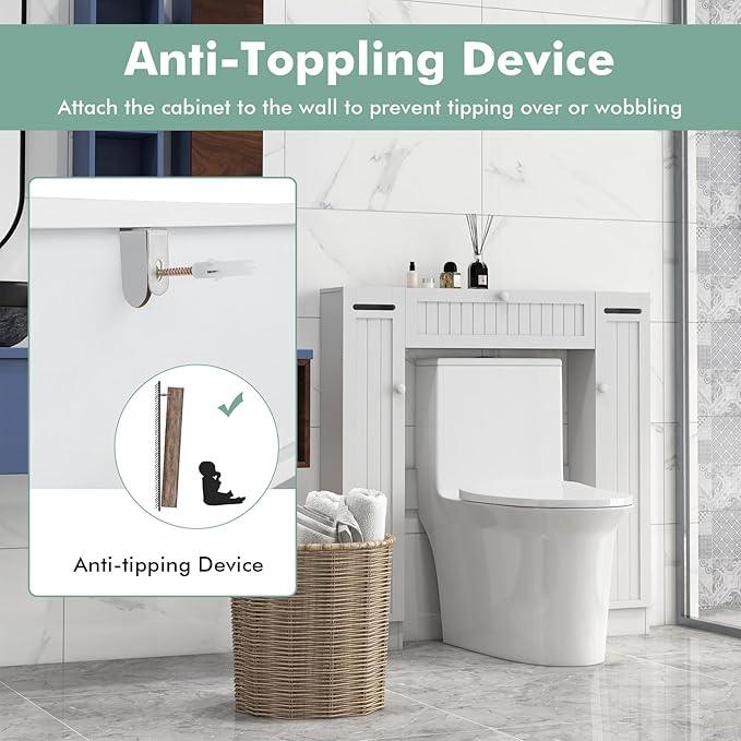 Tangkula Over The Toilet Storage Cabinet, Bathroom Space Saver Organizer with 2 Side Doors, Adjustable Shelves, Paper Holder, Freestanding Bathroom Cabinet Over Toilet for Small Space, Restroom, White - ModernBath
