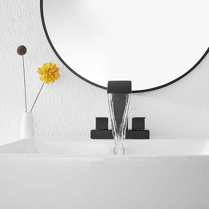 Bathroom Faucet Matte Black Modern GGStudy 2 Handles 4 Inches Centerset RV Black Waterfall Bathroom Vanity Faucet with Drain Assembly - ModernBath