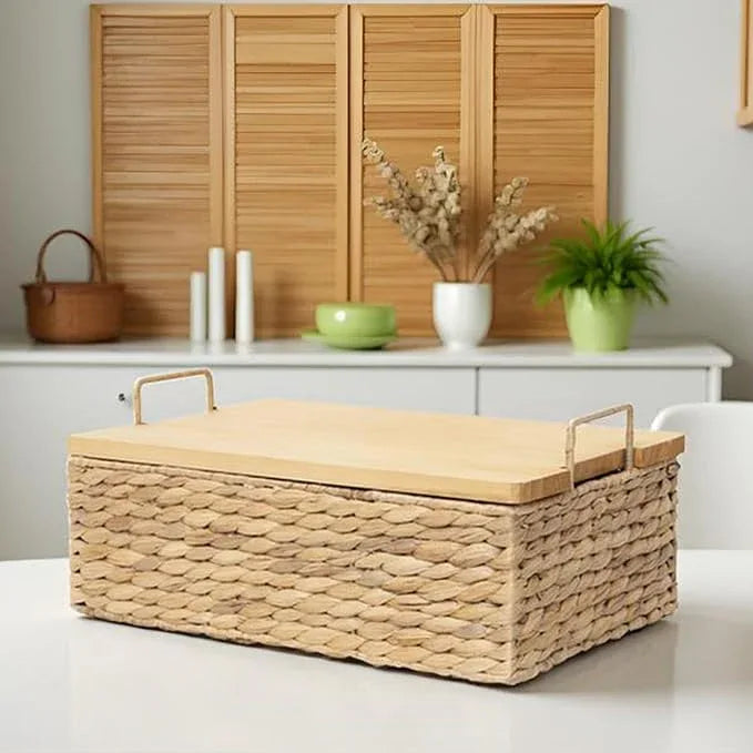 Handmade Water Hyacinth Woven Storage Basket with Lid, Multi - Functional Wicker Organizing Baskets (Large) - ModernBath