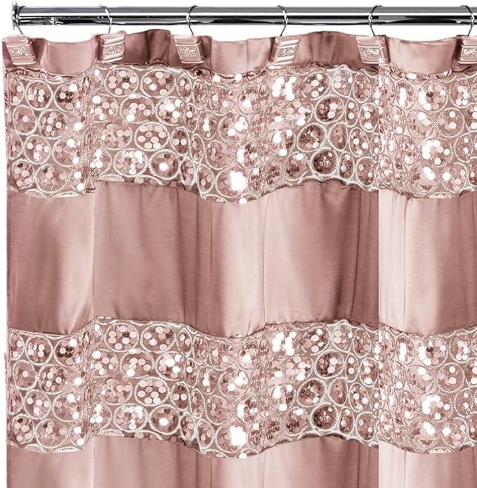 Zahari Home 13pc Sinatra Bathroom Shower Curtain Set - Blush Luxury Fabric With 12 Hooks - Unique Design Bling - ModernBath