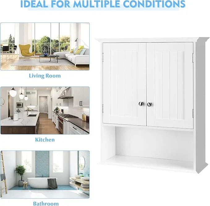 Tangkula Bathroom Wall Cabinet, Wooden Hanging Storage with Doors & Shelves, Multipurpose Wall Mounted Bathroom Medicine Cabinet for Kitchen Living Room - ModernBath