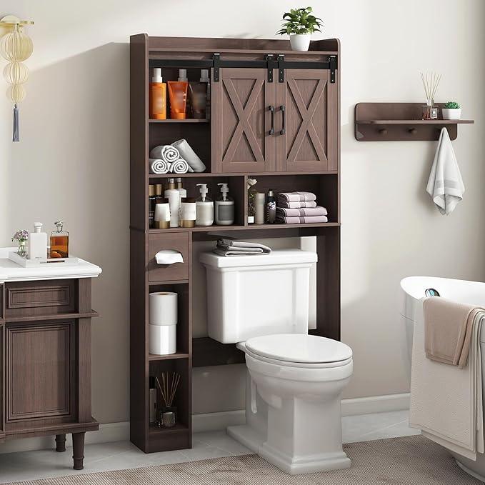 Vabches Over The Toilet Storage Cabinet, Farmhouse Storage Cabinet Over Toilet with Sliding Doors & Toilet Paper Holder Stand，Home Space-Saving Toilet Rack, for Bathroom, Laundry and Restroom - ModernBath
