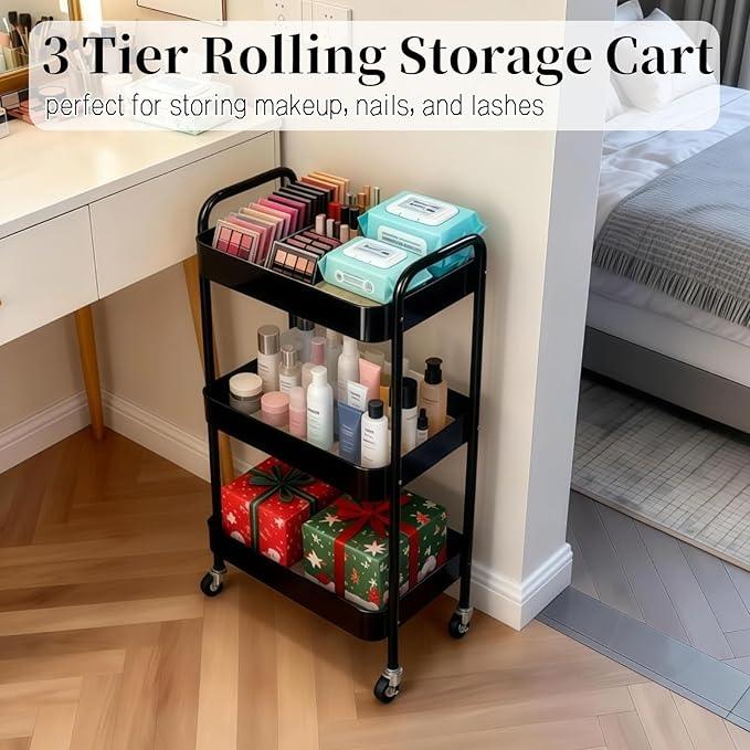 3 Tier Rolling Storage Cart for Kitchen Storage & Laundry Room Organization, Large Capacity Metal Utility Cart on Wheels and 4 Hooks for Art Lash Craft Bedside, Sturdy Nursery Organizer, Black - ModernBath