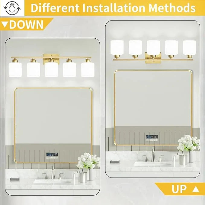 6 Light Gold Bathroom Vanity Light for Large Mirror, Gold Vanity Lights for Bathroom with Milky White Frosted Glass Shades, 38 inch Wall Lamp for Mirrors Living Room E26 Base - ModernBath