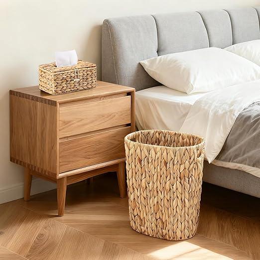 Wicker Trash Can & Tissue Box Cover Rectangular, Handwoven Waterproof Waste Basket with Handles, Rattan Wicker Home Set for Bedroom, Bathroom, Kitchen, Office, Balcony (Rectangular Tissue Box) - ModernBath