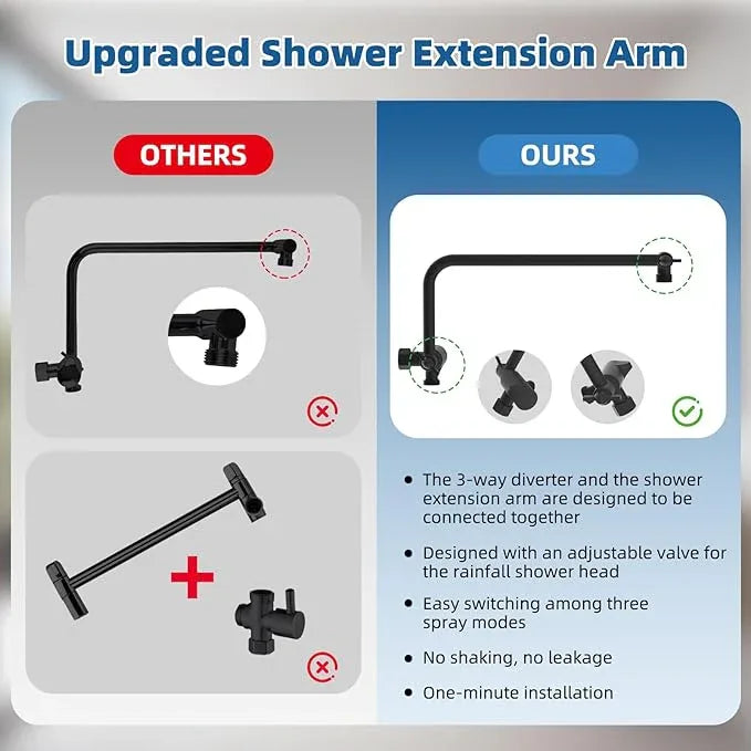 12" All Metal Shower Head, High Pressure Rainfall Shower Head/Handheld Showerhead Combo with 11" Adjustable Shower Extension Arm, 71" Hose, Shower Head Holder, Matte Black - ModernBath