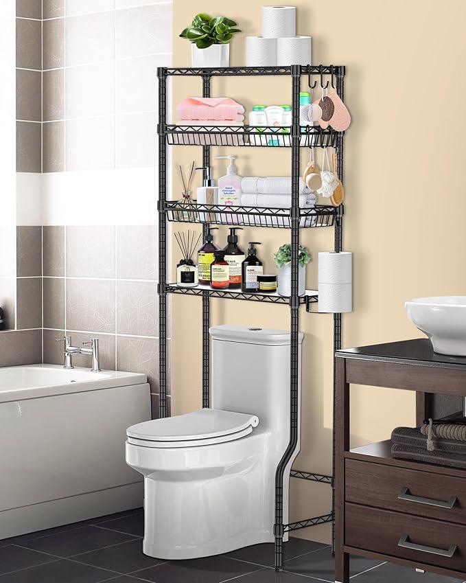 Bathroom Organizer Over The Toilet Storage, 4-Tier Metal Bathroom Over Toilet Storage Shelf Rack Freestanding Space Saver with Adjustable Shelves and Baskets, Black - ModernBath