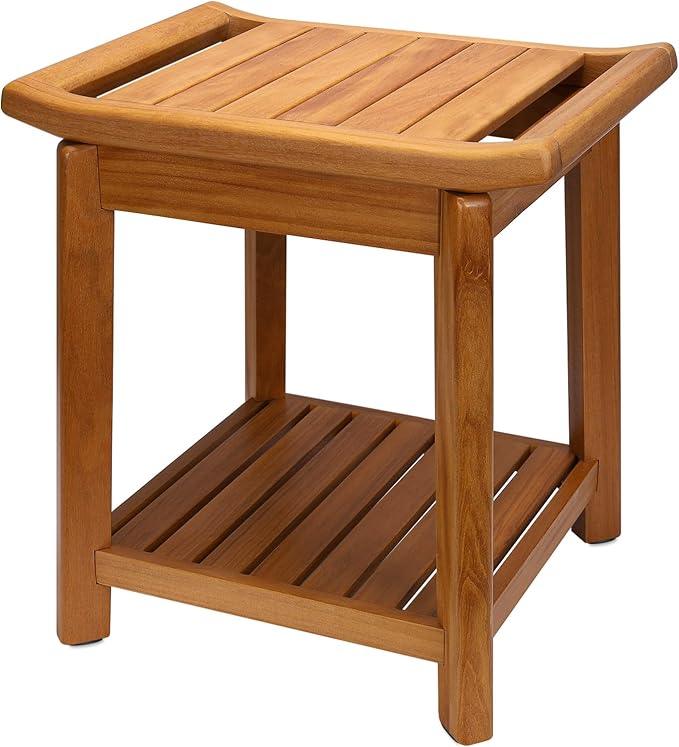 17" Teak Shower Chair with Storage Shelf & Handle, Non-Slip Waterproof Wooden Shower Bench, Stable Bathroom Seat and Heavy Duty Shower Stool for Tub or Indoor Use, Ideal for Elderly, Recovery - ModernBath