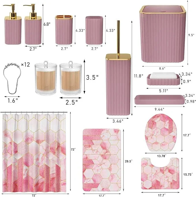 XLHOMO Bathroom Set - 26PC Bathroom Set with Shower Curtain and Rugs, Bathroom Accessory Set, Pink Bathroom Accessories Set, Trash Can & Soap Dispenser - ModernBath