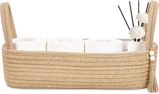 ABenkle Small Storage Basket for Toilet Tank Top - Jute Rope Woven Organizer with Handle, Boho Countertop Bathroom Decor, Toilet Paper Holder, 16x6x4 Inch - ModernBath