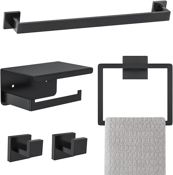 Matte Black Bathroom Hardware Accessories Set 5-Pieces Black Towel Bar Set Stainless Steel Towel Holder Set 16 Inch Towel Bar,Towel Racks Set for Bathroom Wall Mounted - ModernBath