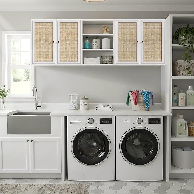 Kitchen Wall Cabinets,Rattan Wall Mounted Laundry Cabinets with Adjustable Shelf, Floating Hanging Storage Cabinet for Laundry Room, Bathroom, Kitchen,63" W x 11.8" D x 21.6" H - ModernBath