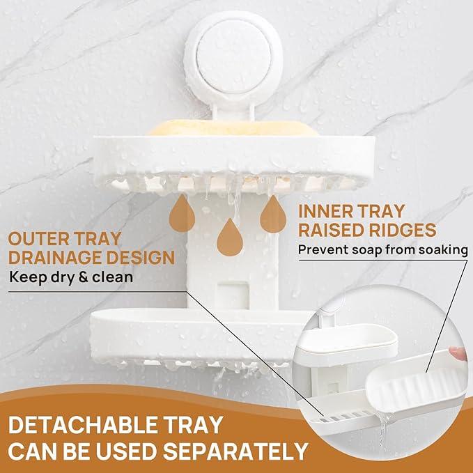 LEVERLOC Soap Dish Holder for Shower Double Layer Suction Cup Wall Mounted NO-Drilling Self Draining Removable Waterproof Strong Suction Bar Soap Sponge Holder for Shower Bathroom Bathtub Kitchen - ModernBath