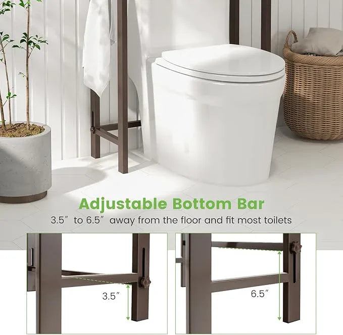 Giantex Over The Toilet Storage Rack, 3-Tier Metal Bathroom Organizer with 3 Hooks, Adjustable Bottom Bar, Anti-Tippling Devices, Freestanding Toilet Space-Saver for Bathroom, Laundry (Coffee) - ModernBath