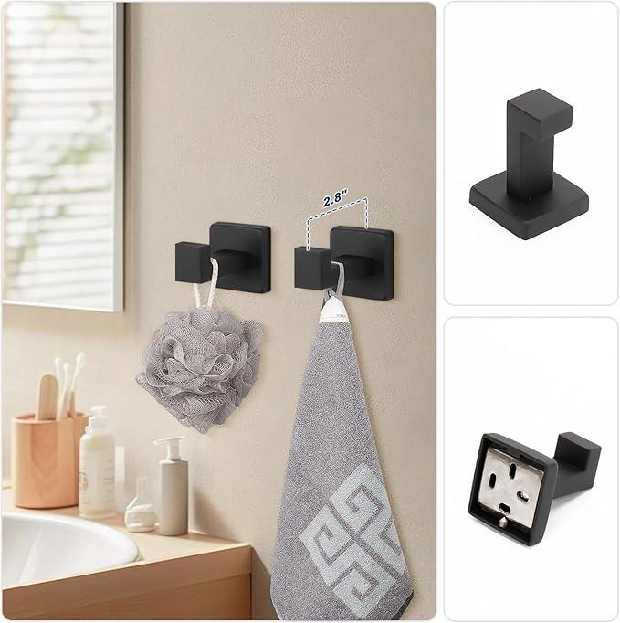 NearMoon 5 Pieces Bathroom Hardware Set 304 Stainless Steel, Square Towel Rack Kit - 24" Towel Rod + Towel Ring + Toilet Paper Holder + 2 Robe Hooks, Wall Mounted Bath Accessories (Matte Black) - ModernBath