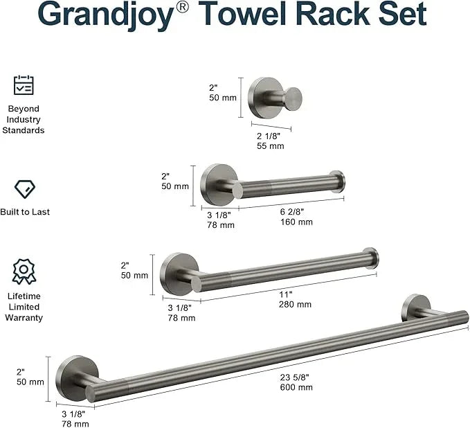 Brushed Nickel Bathroom Hardware Accessories Set, Knurled SUS304 Stainless Steel Kit, Towel Bar, Ring, Robe Hook, Paper Holder, Wall Mounted - ModernBath