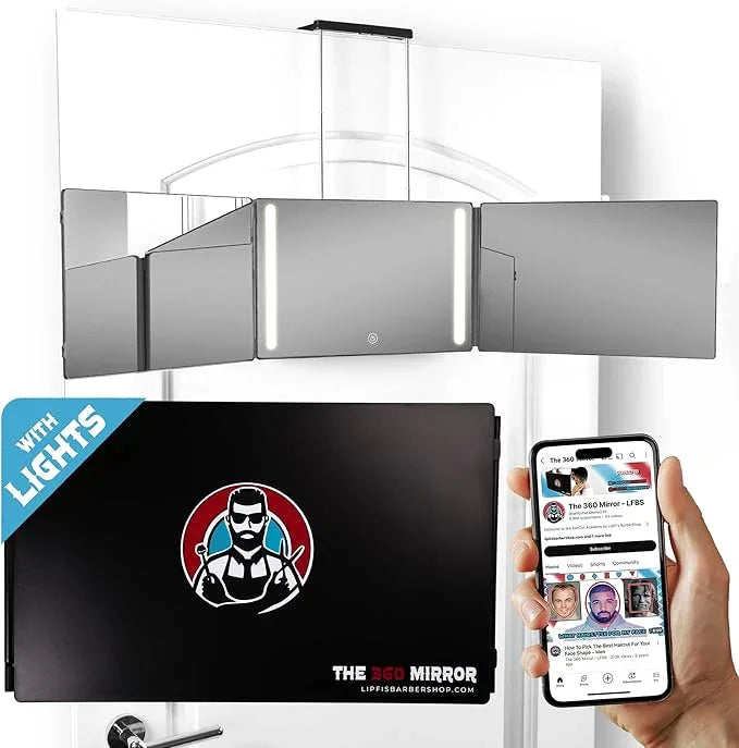 The 360 Mirror - 3 Way Mirror for Self Hair Cutting - Adjustable Trifold Barber Mirro to Cut Your Own Hair - Tri Fold Self Haircut System for Men - Three Sided Mirro for Haircuts (with LED) - ModernBath