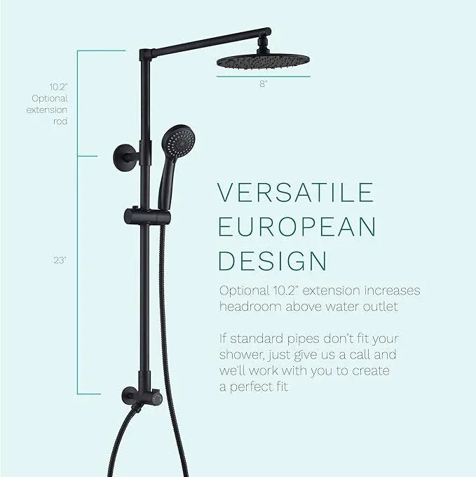Fennocasa Polaris 3 Rain Shower System, 8” Rainfall Shower Head and Handheld Shower Combo, includes 3-Setting Handheld Spray, Height Adjustable Shower Wand Holder, 60” Hose (2.5 GPM Matte Black) - ModernBath