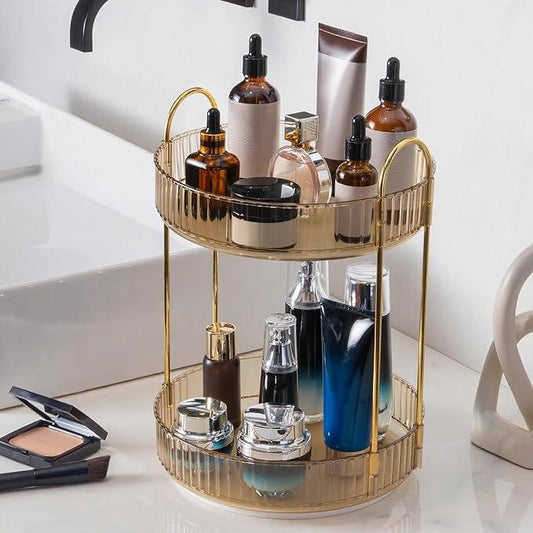 INVSSENE 360 Rotating Makeup Organizer, Yellow, Unisex, 2 Tier Countertop Storage, Large Capacity, Cosmetics, Perfume, Skincare, Lipsticks - ModernBath