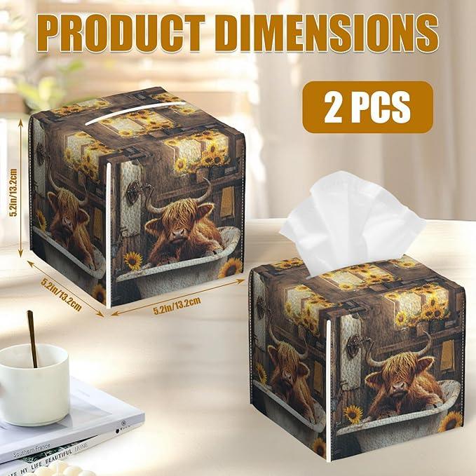 Highland Cow Sunflower Tissue Box Cover 2PCS, Leather Tissue Box Holder Square Facial Paper Case Tissue Box Cube Organizer for Bathroom Bedroom Desk Office - ModernBath
