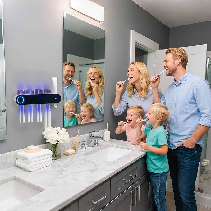 iHave Toothbrush Holders for Bathrooms, UV Toothbrush Sanitizer and Holder Smart Home Bathroom Accessories, 4 Cups Electric Toothbrush Holder Wall Mounted with Toothpaste Dispenser Bathroom Decor - ModernBath