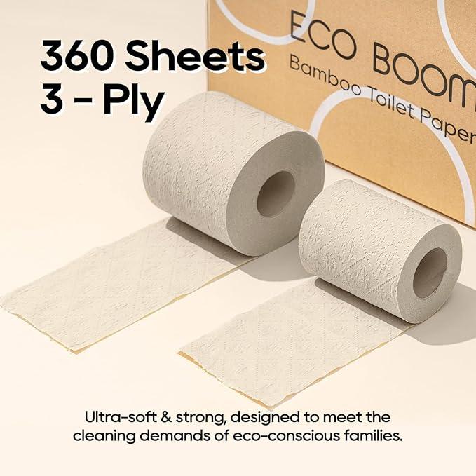 ECO BOOM Unbleached Bamboo Toilet Paper, 48 Mega Rolls, 100% Tree-Free 3-Ply, Plastic-Free Packaging, 360 Sheets | PFAS Free, BPA Free, Septic Safe & FSC Certified - ModernBath
