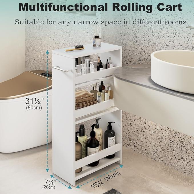 MARTY Rolling Storage Cart 7.9" W, 4-Tier Kitchen Cart with Wheels Handle, Slim Storage Cart Mobile Shelving Utility Carts for Bathroom Laundry Room Organization Narrow Places (All White) - ModernBath