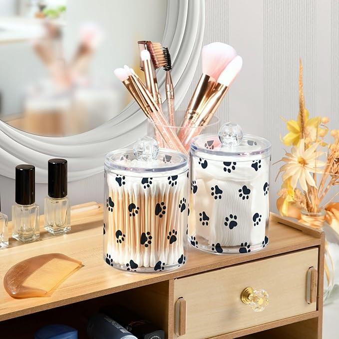 Tatenale Qtip Holder Bathroom Set Q tip Cotton Ball Swab Pad Dispenser Container Organizer Plastic Jars with Lids Storage 2Pack Small Paw Print White - ModernBath