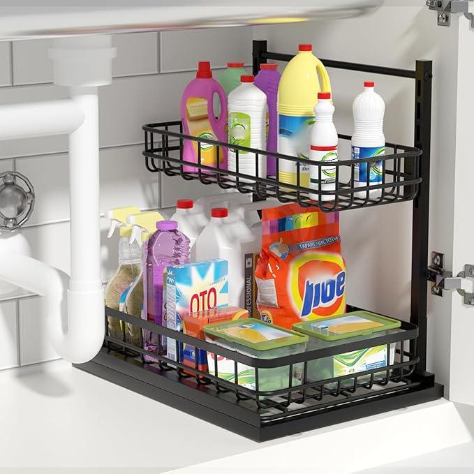 Under Sink Organizer, Adjustable Height Pull-Out Kitchen Storage Organization,15.8" x 11.8" x 16.5", 2-Tier Kitchen Shelf, Bathroom Drawer Organizer, 2 Pack|Black - ModernBath