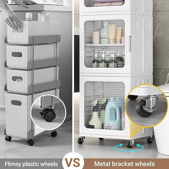 BROVIEW 4-Tier Tall Narrow Storage Cabinet 14.6” Wide, Slim Bathroom Cabinets with Adjustable Shelves and Doors, Plastic Kitchen Pantry Organizers and Storages for Small Space, Laundry, White - ModernBath