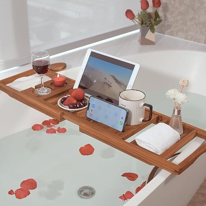 VaeFae Premium Teak Bathtub Tray, Expandable Wooden Bath Tray for Tub, Luxury Bathtub & Bathroom Accessories, Great House Warming, Anniversary & Wedding and Birthday Gifts (Free Teak Body Brush) - ModernBath