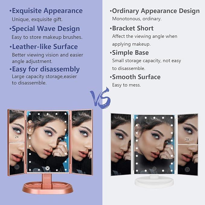 deweisn Trifold Lighted Vanity Makeup Mirror with 21 LEDs Lights,1x/2x/3x Magnification and Touch Screen Dimming,Two Power Supplies Makeup Mirror, Gift for Women - ModernBath