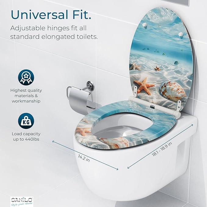 Sanilo Wooden Toilet Seat with Quick Release & Soft Close [ELONGATED] - Decorative & Slow Close Molded Wood Seat - With One Click for Easy Installation & Cleaning - With Adjustable Fit (Waterworld) - ModernBath